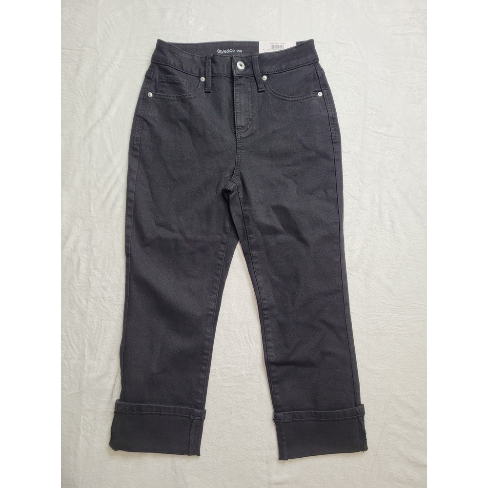 NWT Style & Co Capri Jeans Womens 2P Deep Black High Cuff Slimming Pocket